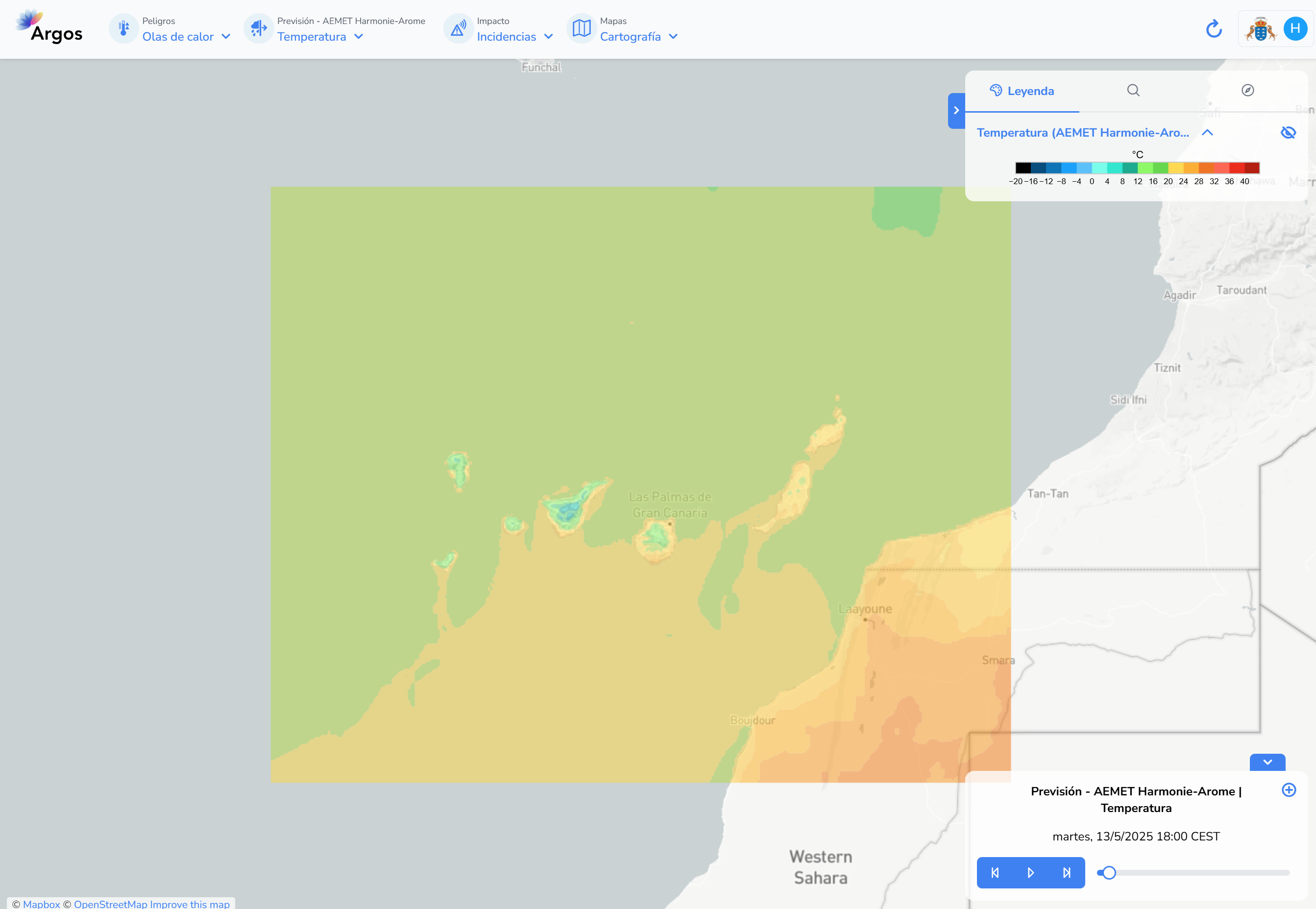 Example screenshot of AEMET Harmonie temperature forecast in the Canary Islands.