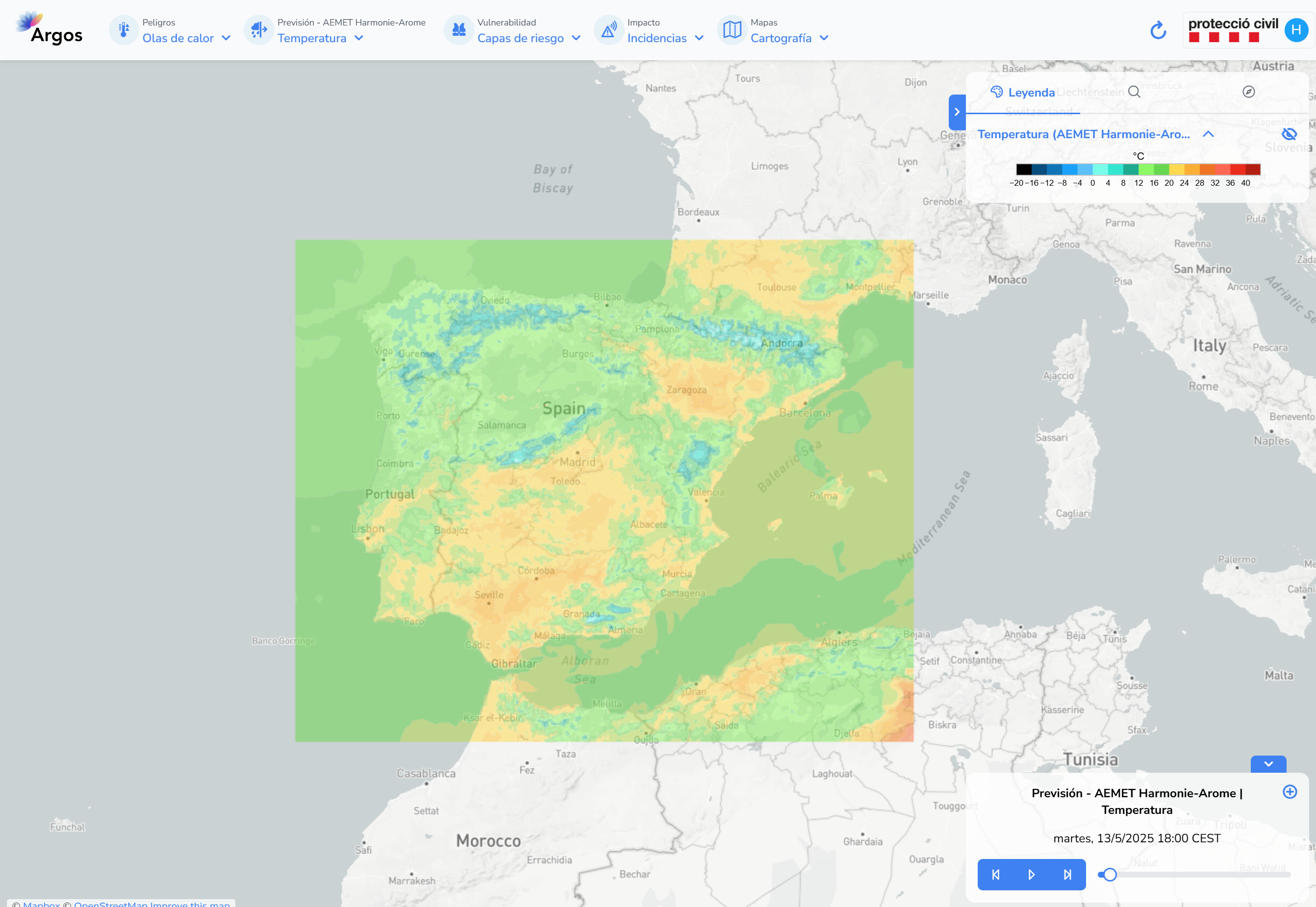 Example screenshot of AEMET Harmonie temperature forecast in the Iberian Peninsula and the Balearic Islands.