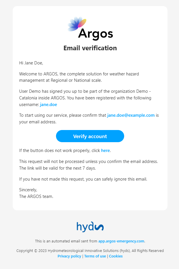 Email received to validate the email address