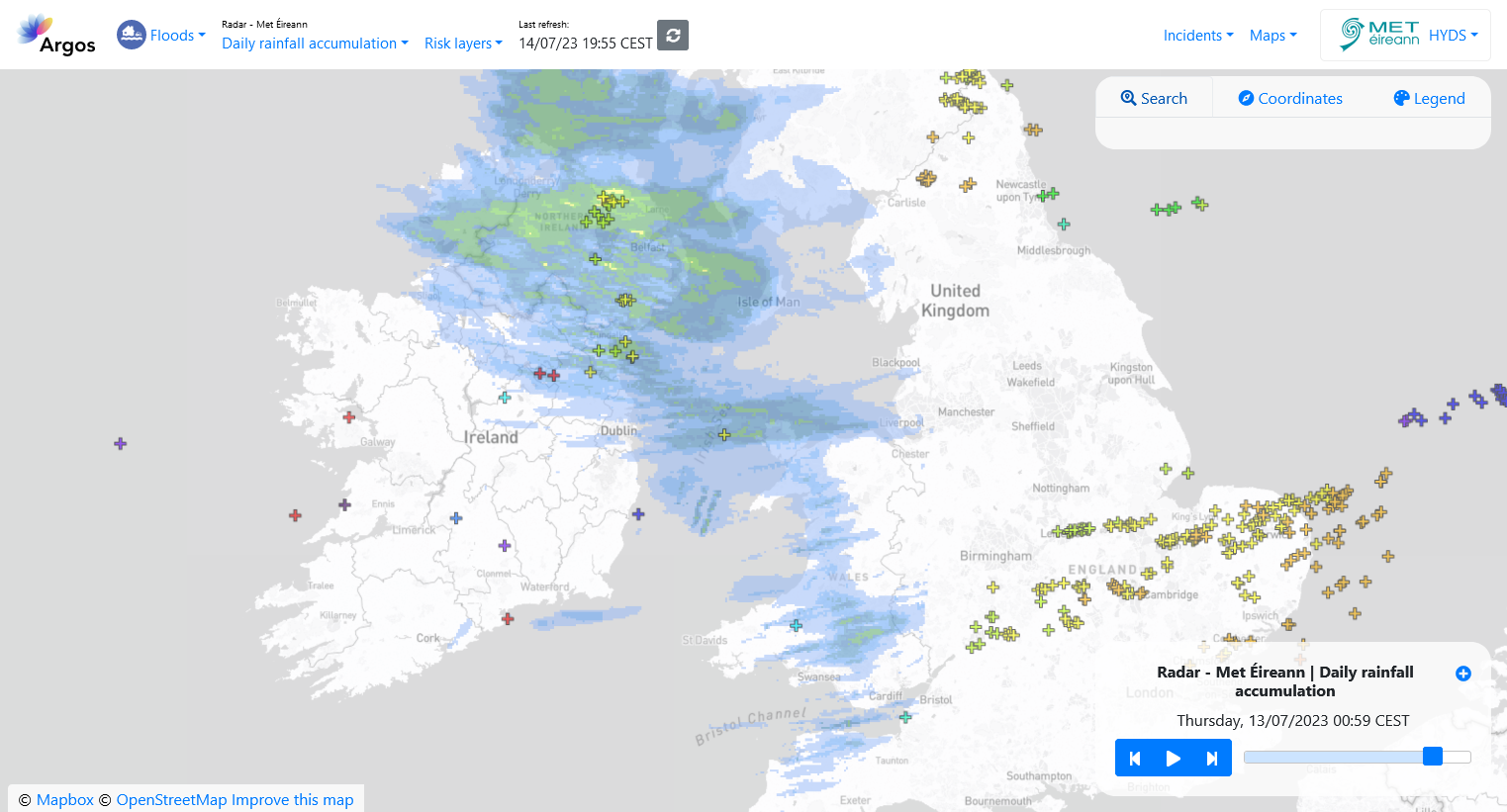 Lightnings detected in daily intervals